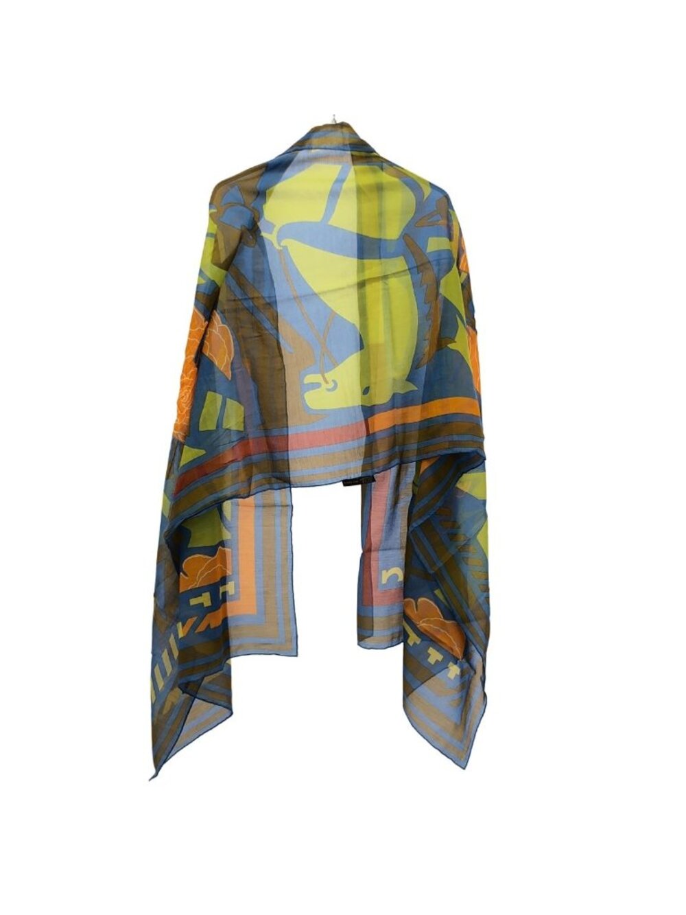 Hermes Puzzle Rectangle Cotton Silk Shawl Blue Scarf - Picture 2 of 5